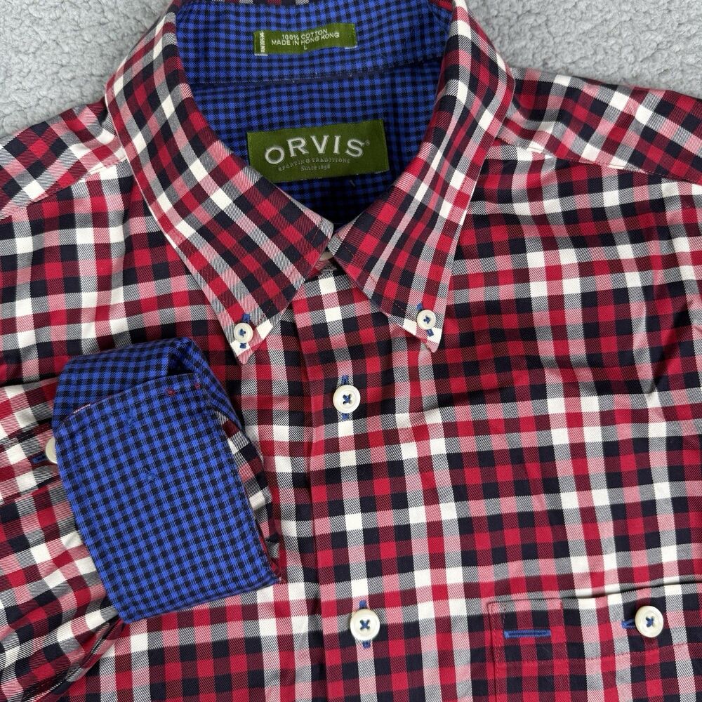 VTG 90s Orvis Shirt Mens Large Red Check Flip‎ Cuff Button Down Hong Kong Casual